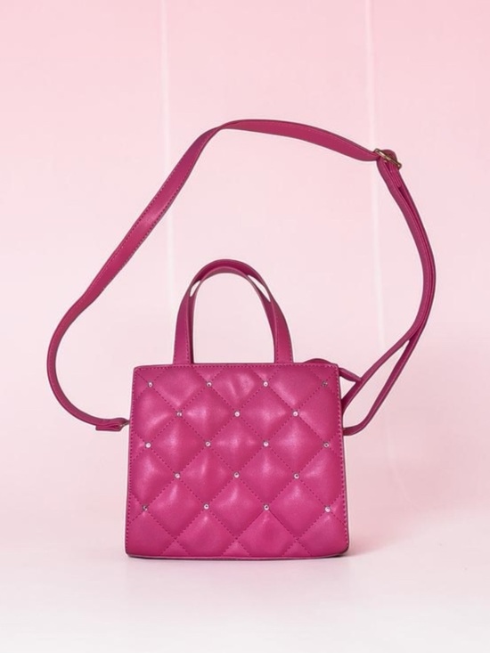 None Handbags - CROSSBODY Quilted Mini Tote Handbag w/Handles Fuchsia Hot Pink Adjustable Straps